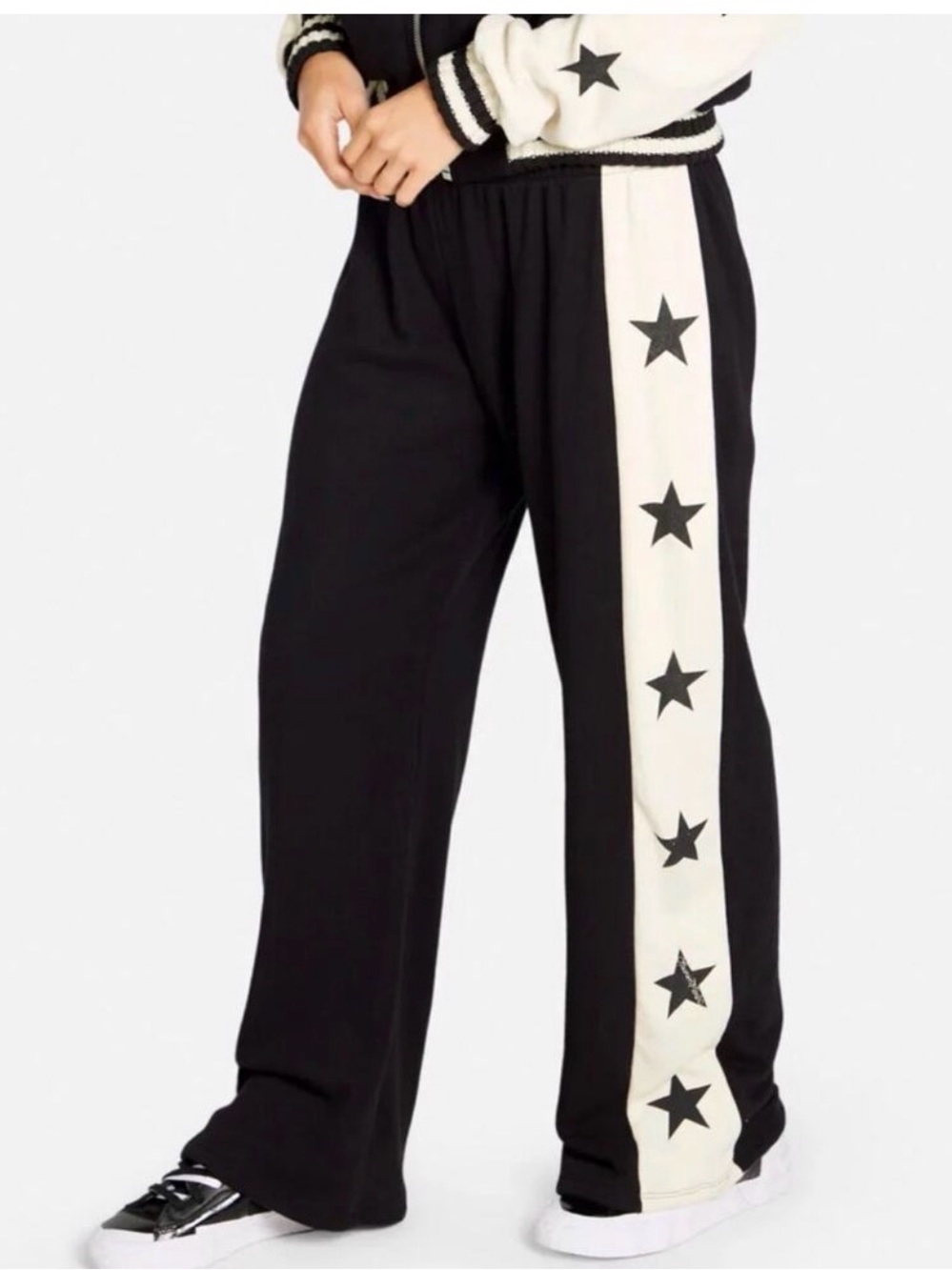 Lauren Moshi Black Wide-Leg Pants with Cream Star Stripe